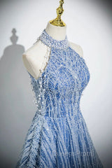 Elegant Tulle Sequins Floor Length Evening Prom Dress, Blue Halter A-Line Evening Dress