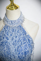 Elegant Tulle Sequins Floor Length Evening Prom Dress, Blue Halter A-Line Evening Dress