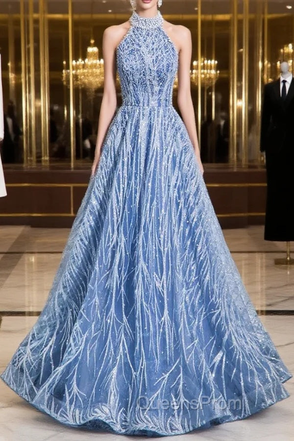 Elegant Tulle Sequins Floor Length Evening Prom Dress, Blue Halter A-Line Evening Dress Main image