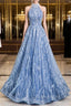 Elegant Tulle Sequins Floor Length Evening Prom Dress, Blue Halter A-Line Evening Dress
