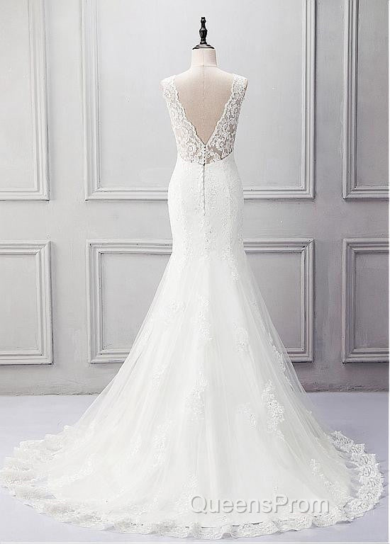 Elegant Tulle V-Neck Neckline Mermaid Wedding Dress With Beaded Lace Appliques
