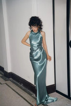 Elegant Turquoise Fitted High-Neck Halter Neck Satin Long Classy Prom Dress Bridesmaid Dress