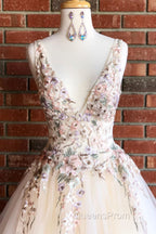 Elegant V Neck Ivory Long Evening Prom Dress with Floral Embroidery