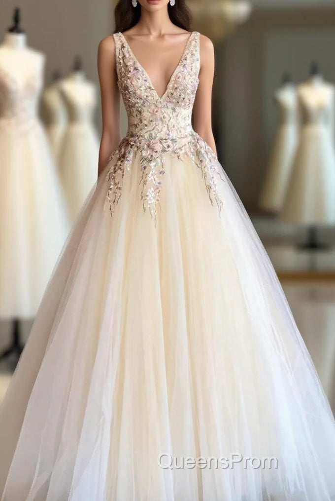 Elegant V Neck Ivory Long Evening Prom Dress with Floral Embroidery Main image