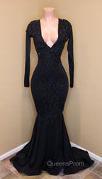 Elegant V-Neck Long Sleevess Appliques Sequins Mermaid Zipper Evening Prom Dress