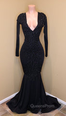 Elegant V-Neck Long Sleevess Appliques Sequins Mermaid Zipper Evening Prom Dress