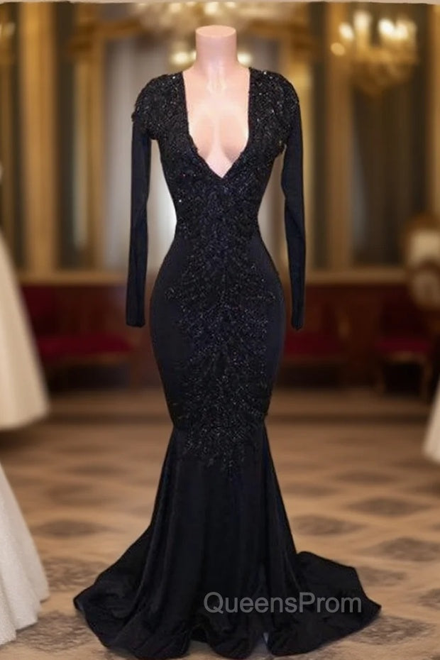 Elegant V-Neck Long Sleevess Appliques Sequins Mermaid Zipper Evening Prom Dress Main image