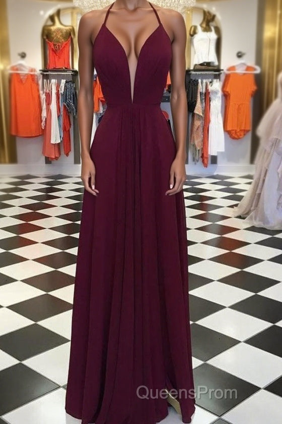 Elegant V Neck Open Back Burgundy Evening Prom Dress, Open Back Burgundy Formal Dress, Long Burgundy Evening Dress