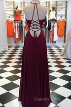 Elegant V Neck Open Back Burgundy Evening Prom Dress, Open Back Burgundy Formal Dress, Long Burgundy Evening Dress