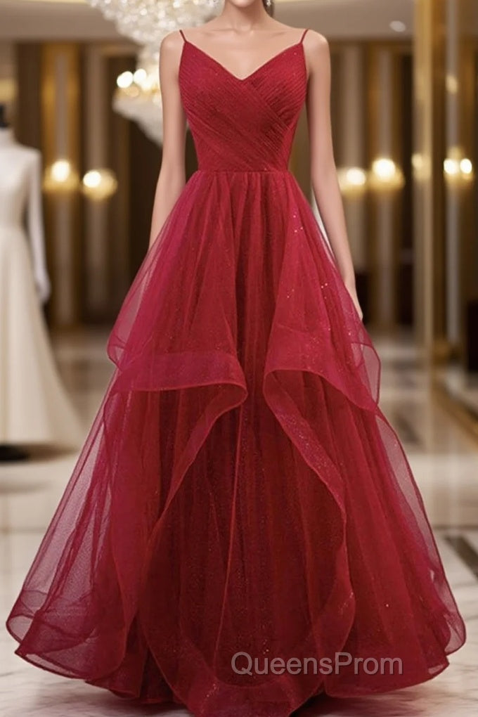 Elegant V Neck Open Back Sequins Burgundy Long Evening Prom Dress, Shiny Burgundy Formal Dress, Fluffy Burgundy Evening Dress Main image