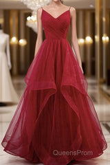 Elegant V Neck Open Back Sequins Burgundy Long Evening Prom Dress, Shiny Burgundy Formal Dress, Fluffy Burgundy Evening Dress