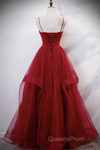 Elegant V Neck Open Back Sequins Burgundy Long Evening Prom Dress, Shiny Burgundy Formal Dress, Fluffy Burgundy Evening Dress