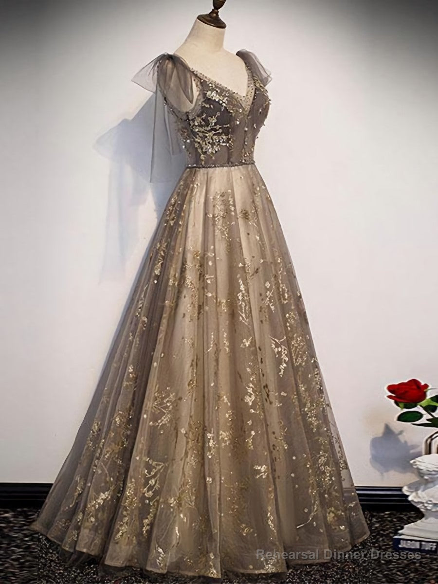 Elegant V-neck Organza Grey Lace A-line Spaghetti Straps Lace-up Back Long Prom Dress Main image