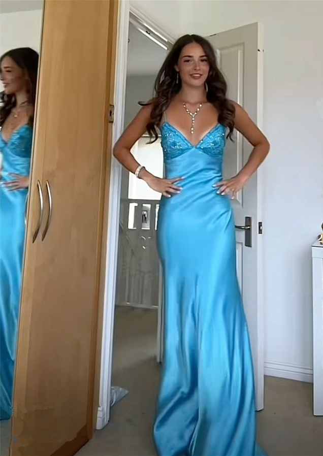 Elegant V-Neck Spaghetti Memriad Long Classy Prom Dress