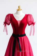 Elegant V-Neck Tulle and Velvet Long Evening Prom Dress, Burgundy A-Line Evening Dress