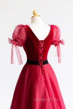 Elegant V-Neck Tulle and Velvet Long Evening Prom Dress, Burgundy A-Line Evening Dress
