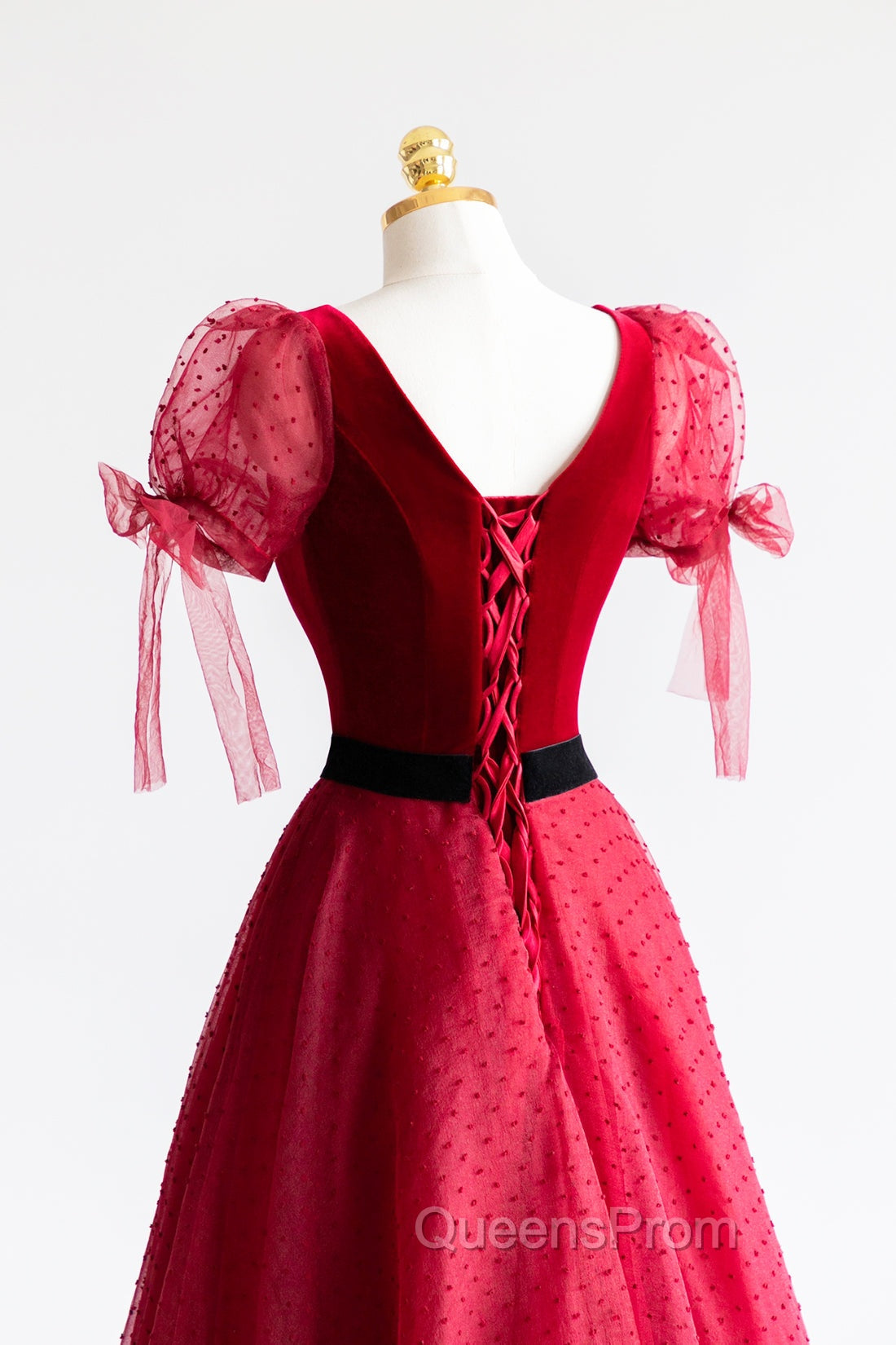 Elegant V-Neck Tulle and Velvet Long Evening Prom Dress, Burgundy A-Line Evening Dress
