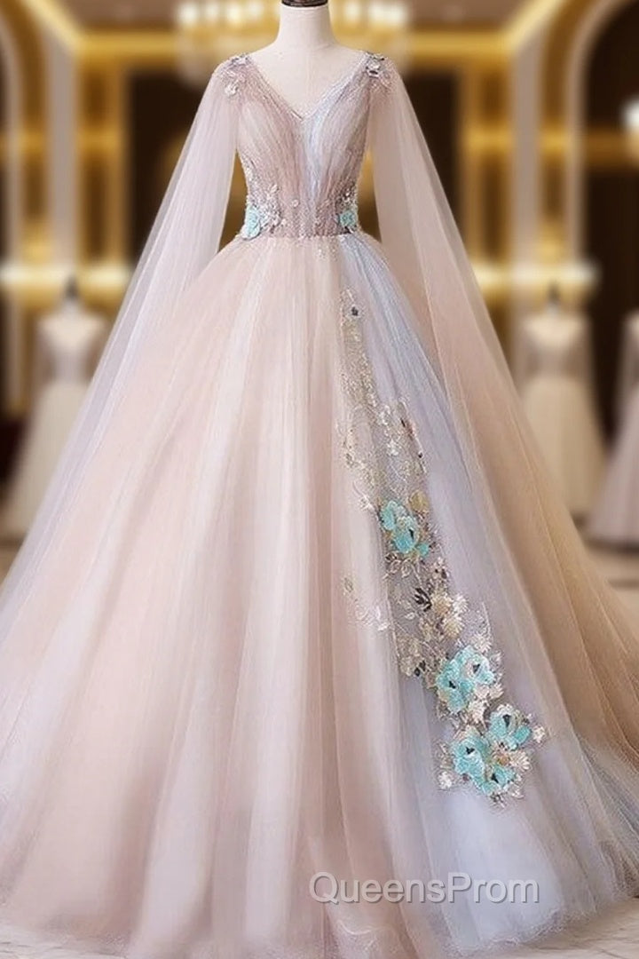 Elegant V-Neckline Champagne Tulle V-Neckline Evening Prom Dress, Party Dress Main image