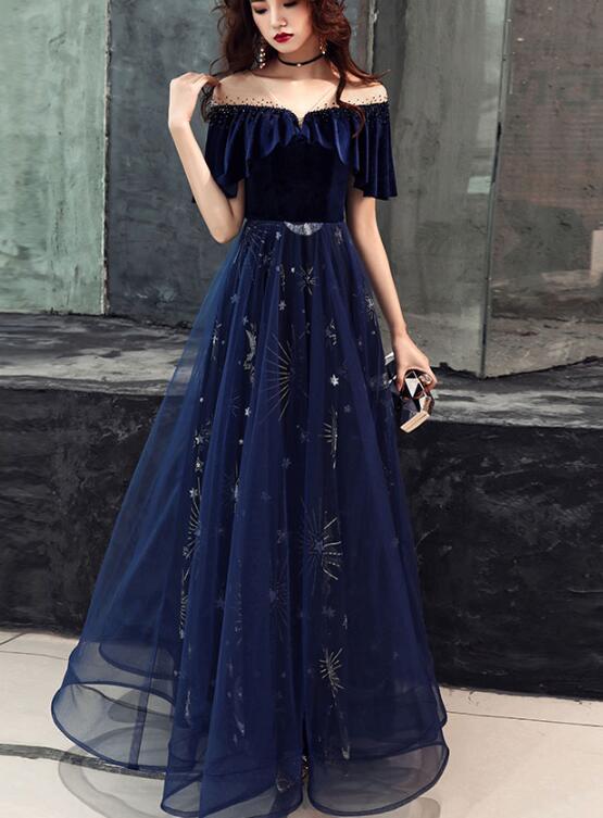 Elegant Velvet Bodice Tulle Long Classy Dress, Navy Blue Party Dress