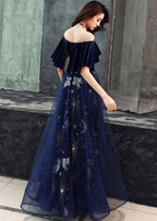 Elegant Velvet Bodice Tulle Long Classy Dress, Navy Blue Party Dress
