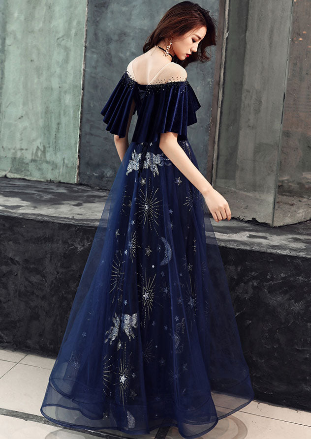 Elegant Velvet Bodice Tulle Long Classy Dress, Navy Blue Party Dress