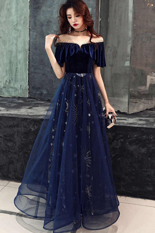 Elegant Velvet Bodice Tulle Long Classy Dress, Navy Blue Party Dress