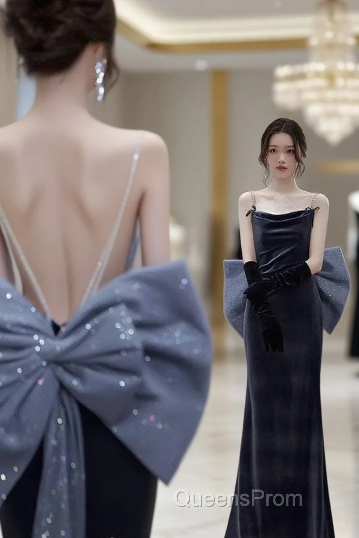 Elegant Velvet Spaghetti Straps Backless Sheath Long Evening Prom Dress Evening Dress With Bowknot, Main image