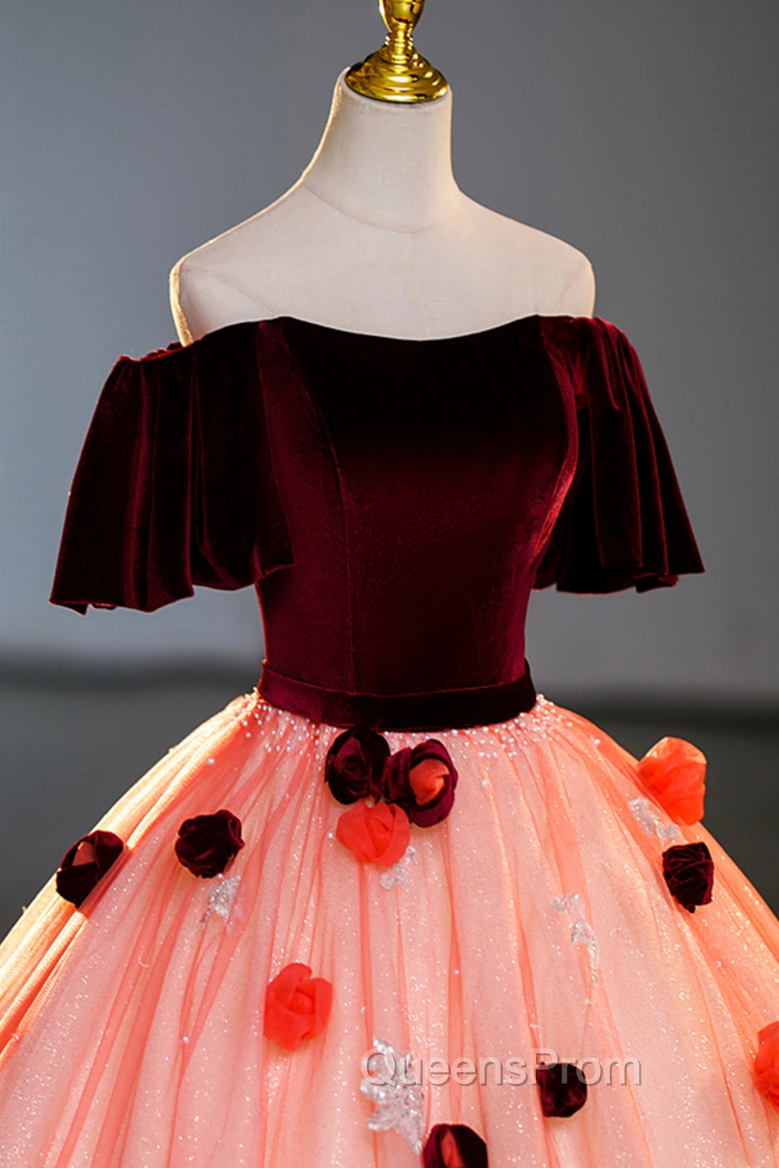 Elegant Velvet Tulle Long Evening Dress, Burgundy Off the Shoulder Sweet Flower Party Dress Secondary image