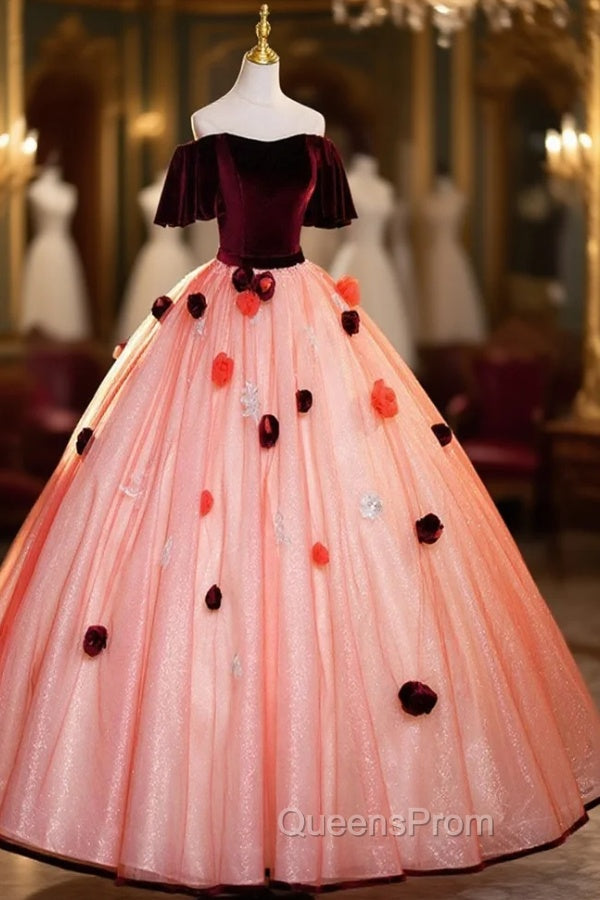 Elegant Velvet Tulle Long Evening Dress, Burgundy Off the Shoulder Sweet Flower Party Dress