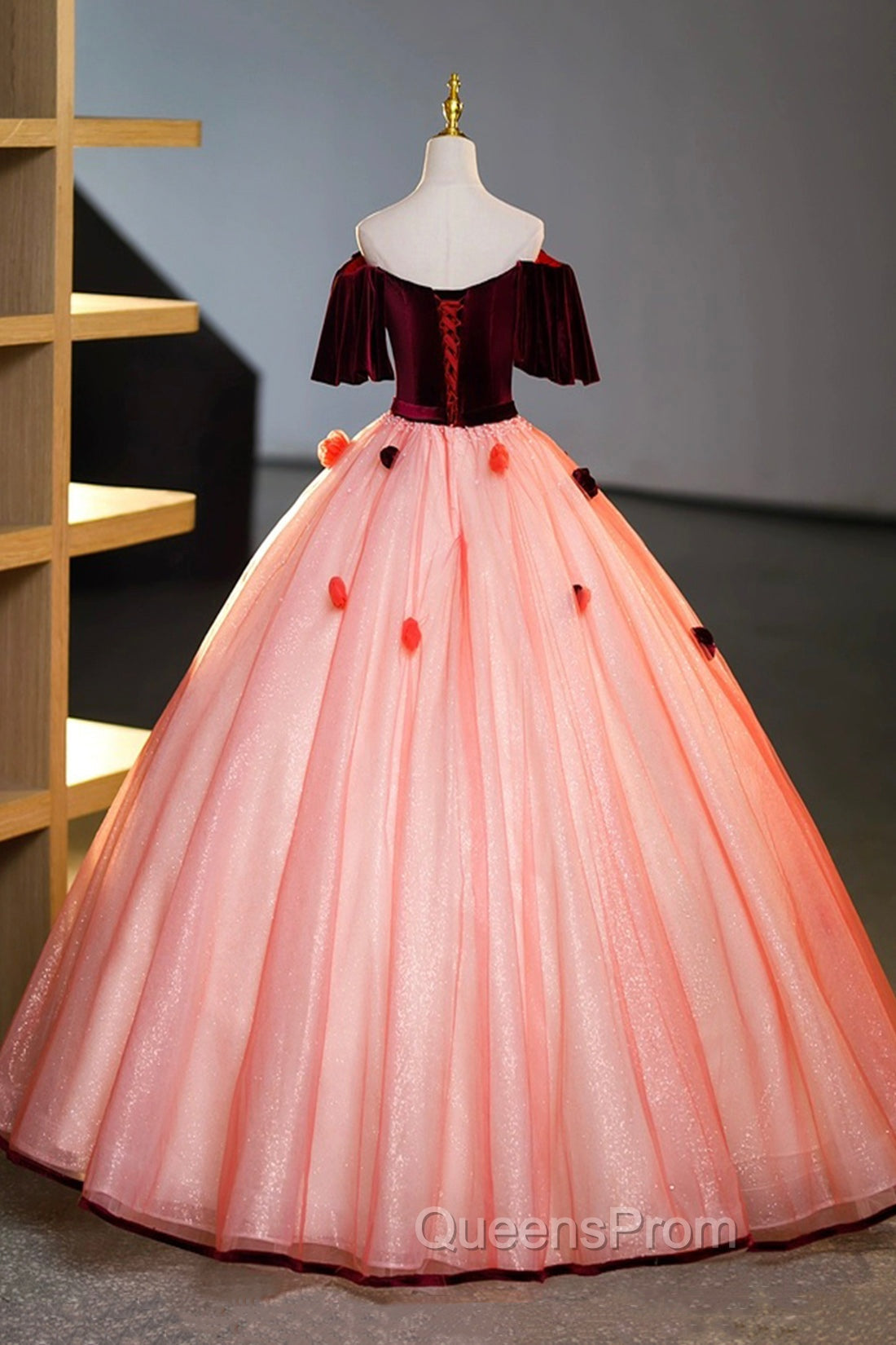 Elegant Velvet Tulle Long Evening Dress, Burgundy Off the Shoulder Sweet Flower Party Dress