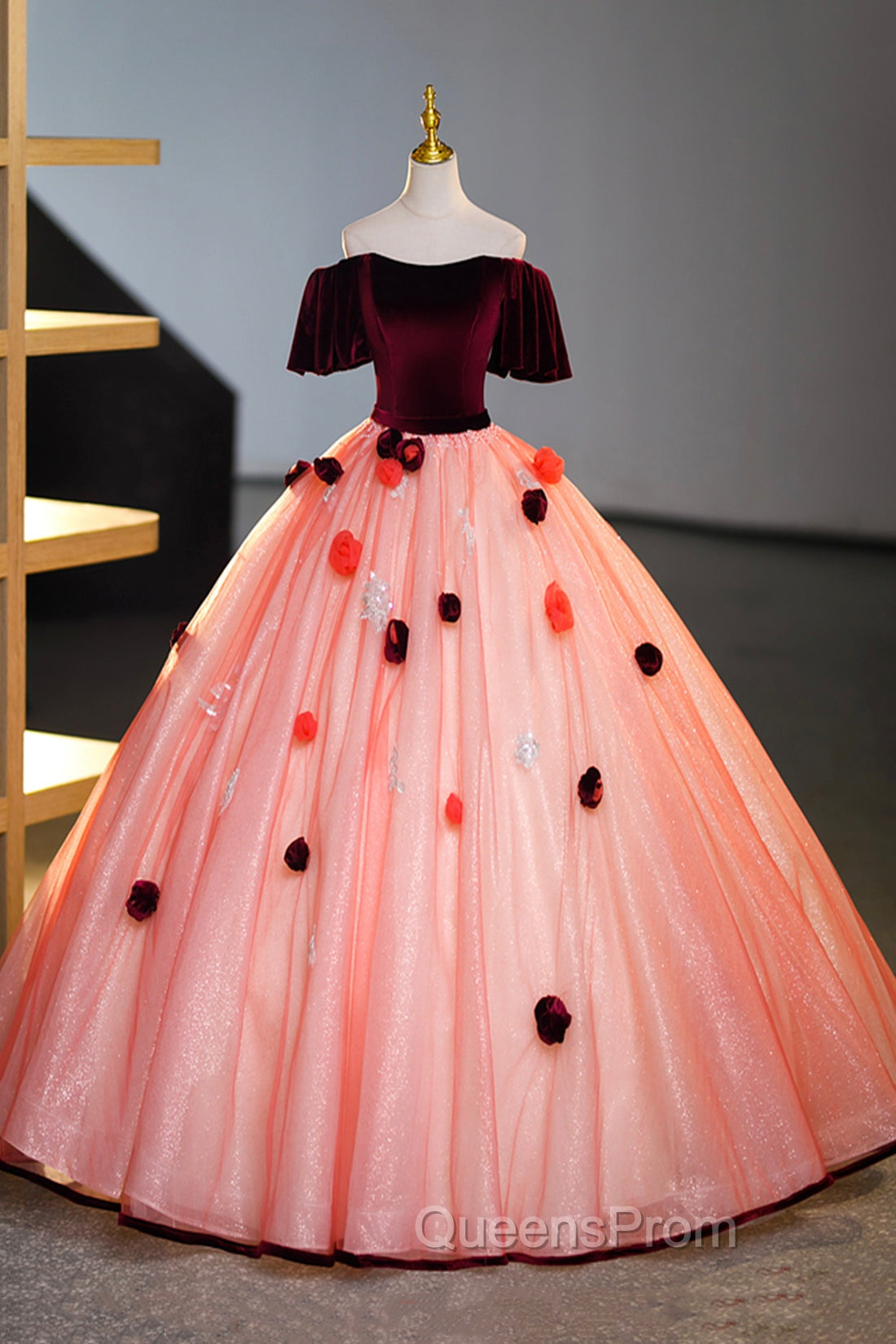 Elegant Velvet Tulle Long Evening Dress, Burgundy Off the Shoulder Sweet Flower Party Dress Main image