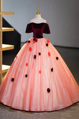 Elegant Velvet Tulle Long Evening Dress, Burgundy Off the Shoulder Sweet Flower Party Dress