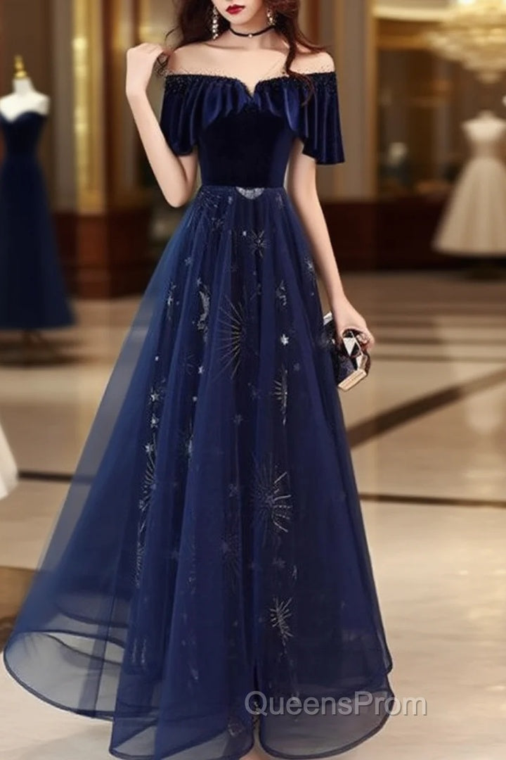 Elegant Velvet Tulle Long Formal Navy Blue Evening Prom Dress, Main image