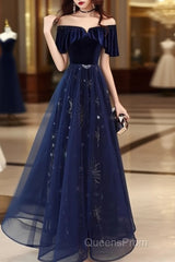 Elegant Velvet Tulle Long Formal Navy Blue Evening Prom Dress,
