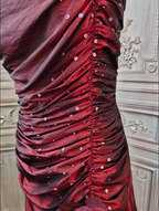 Elegant Vintage Burgundy Strapless Ruched Satin Long Classy Prom Dress