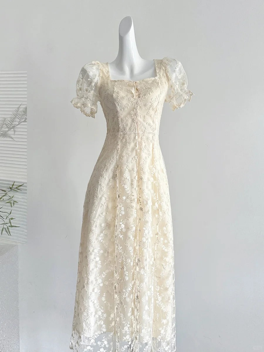 Elegant Vintage Ivory A-Line Square Neck Short Sleeve Lace Waist Long Classy Prom Dress Secondary image