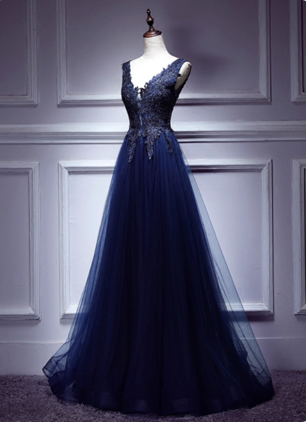 Elegant Vintage Navy Blue V-Neck Lace Embroidery Tulle Long Classy Prom Dress