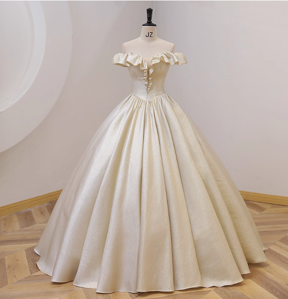 Elegant Vintage One-Shoulder Ruffle Shiny Satin Ball Gown Prom Dress Sweet 16 Dress
