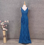 Elegant Vintage Royal Blue V-Neck Lace Long Classy Prom Dress