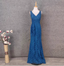 Elegant Vintage Royal Blue V-Neck Lace Long Classy Prom Dress