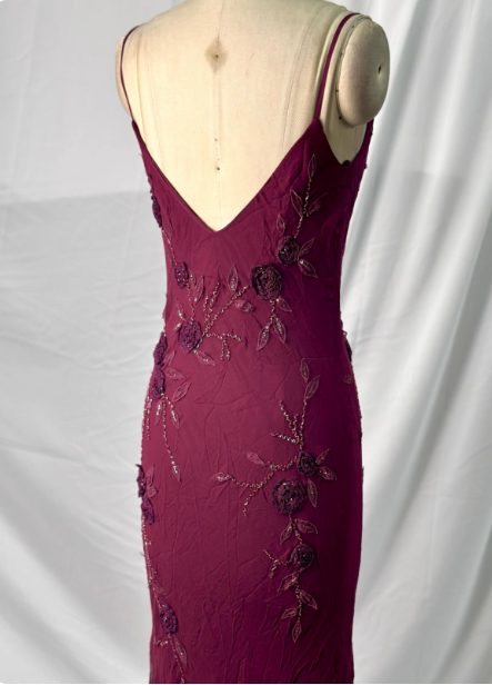 Elegant Vintage Burgundy Beaded Embroidery Thin Strap Mermaid Chiffon Long Classy Prom Dress