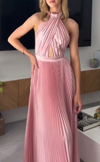 Elegant Wedding Guest Outfit A Line Halter Hot Pink Satin Classy Prom Dress Summer Wedding Guest Dress Graduation Dress