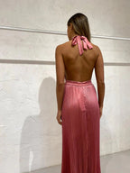 Elegant Wedding Guest Outfit A Line Halter Hot Pink Satin Classy Prom Dress Summer Wedding Guest Dress Graduation Dress