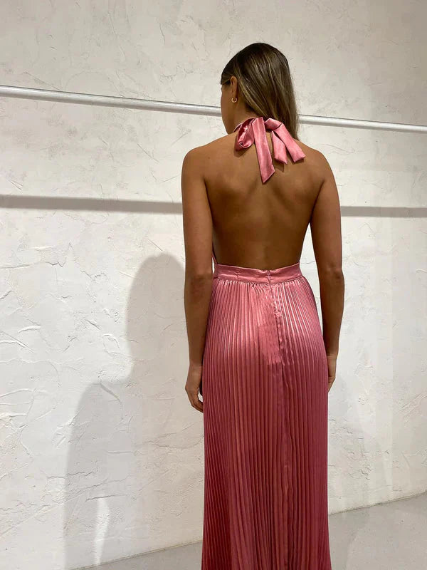Elegant Wedding Guest Outfit A Line Halter Hot Pink Satin Classy Prom Dress Summer Wedding Guest Dress Graduation Dress
