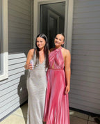 Elegant Wedding Guest Outfit A Line Halter Hot Pink Satin Classy Prom Dress Summer Wedding Guest Dress Graduation Dress