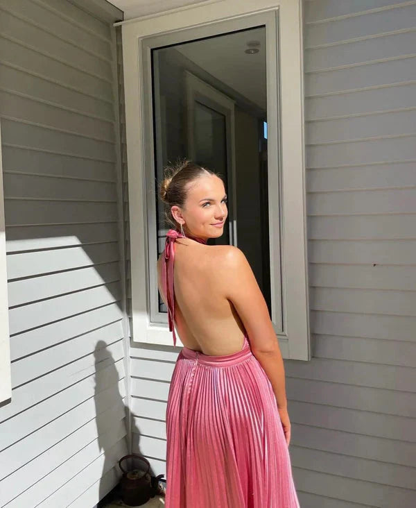 Elegant Wedding Guest Outfit A Line Halter Hot Pink Satin Classy Prom Dress Summer Wedding Guest Dress Graduation Dress