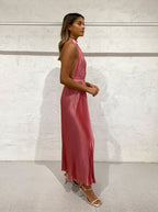 Elegant Wedding Guest Outfit A Line Halter Hot Pink Satin Classy Prom Dress Summer Wedding Guest Dress Graduation Dress