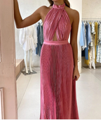 Elegant Wedding Guest Outfit A Line Halter Hot Pink Satin Classy Prom Dress Summer Wedding Guest Dress Graduation Dress