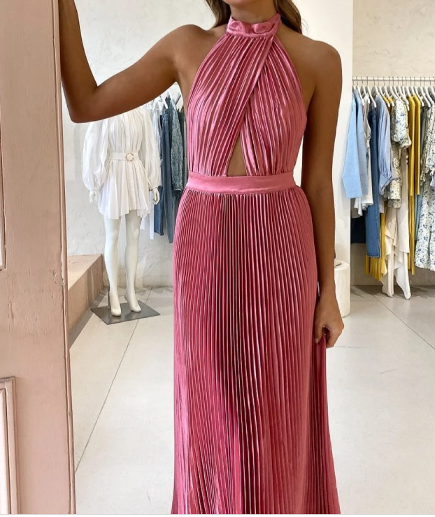 Elegant Wedding Guest Outfit A Line Halter Hot Pink Satin Classy Prom Dress Summer Wedding Guest Dress Graduation Dress
