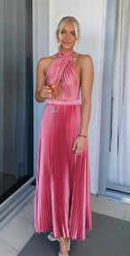 Elegant Wedding Guest Outfit A Line Halter Hot Pink Satin Classy Prom Dress Summer Wedding Guest Dress Graduation Dress